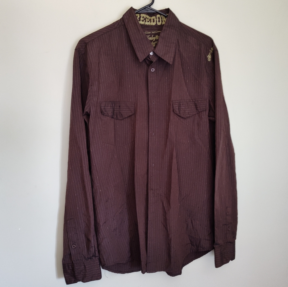 Hurley Int Freedom Long Sleeve Mens Dress Shirt Sz L Brown Front Pockets Stripe